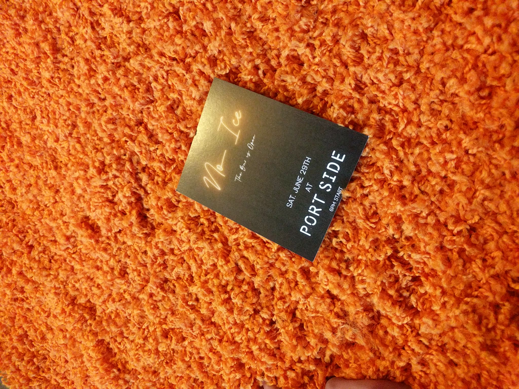 A flyer for the No Ice event sitting on orange, shag carpet.